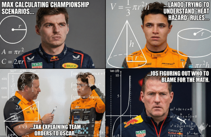 F1 Math Lady Meme: Lando Norris, Max Verstappen, Zak Brown, Jos Verstappen A meme featuring the