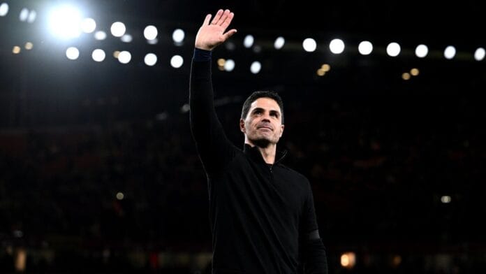 london-england-mikel-arteta-manager-of-arsenal-waves-to-the-fans-after-the-teams-victory-in_f96m7a44
